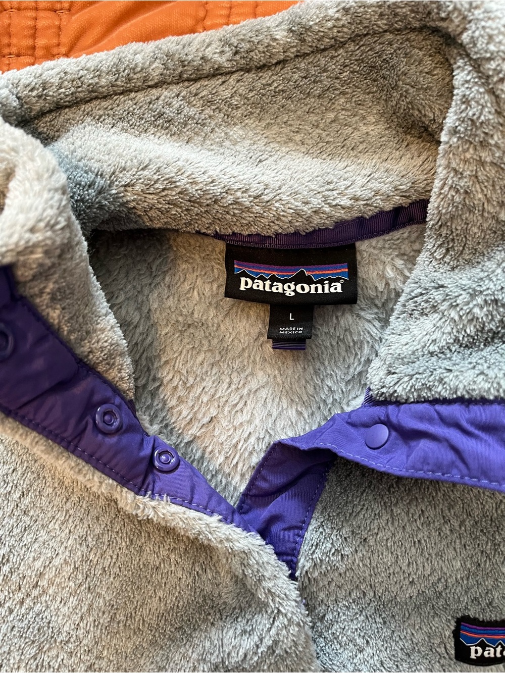 Patagonia Women’s Teddy Fleece Jacket in Light Gray with Purple Trim